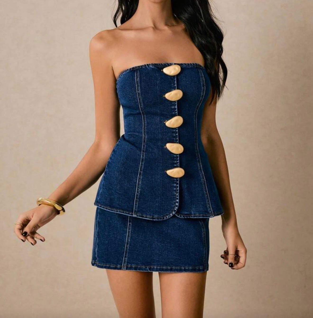 Denim Gold-Button Two-Piece.