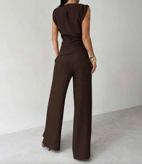 Brown High-Neck Wide-Leg Set.