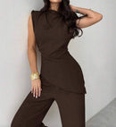 Brown High-Neck Wide-Leg Set.