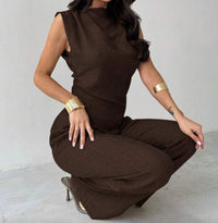 Brown High-Neck Wide-Leg Set.