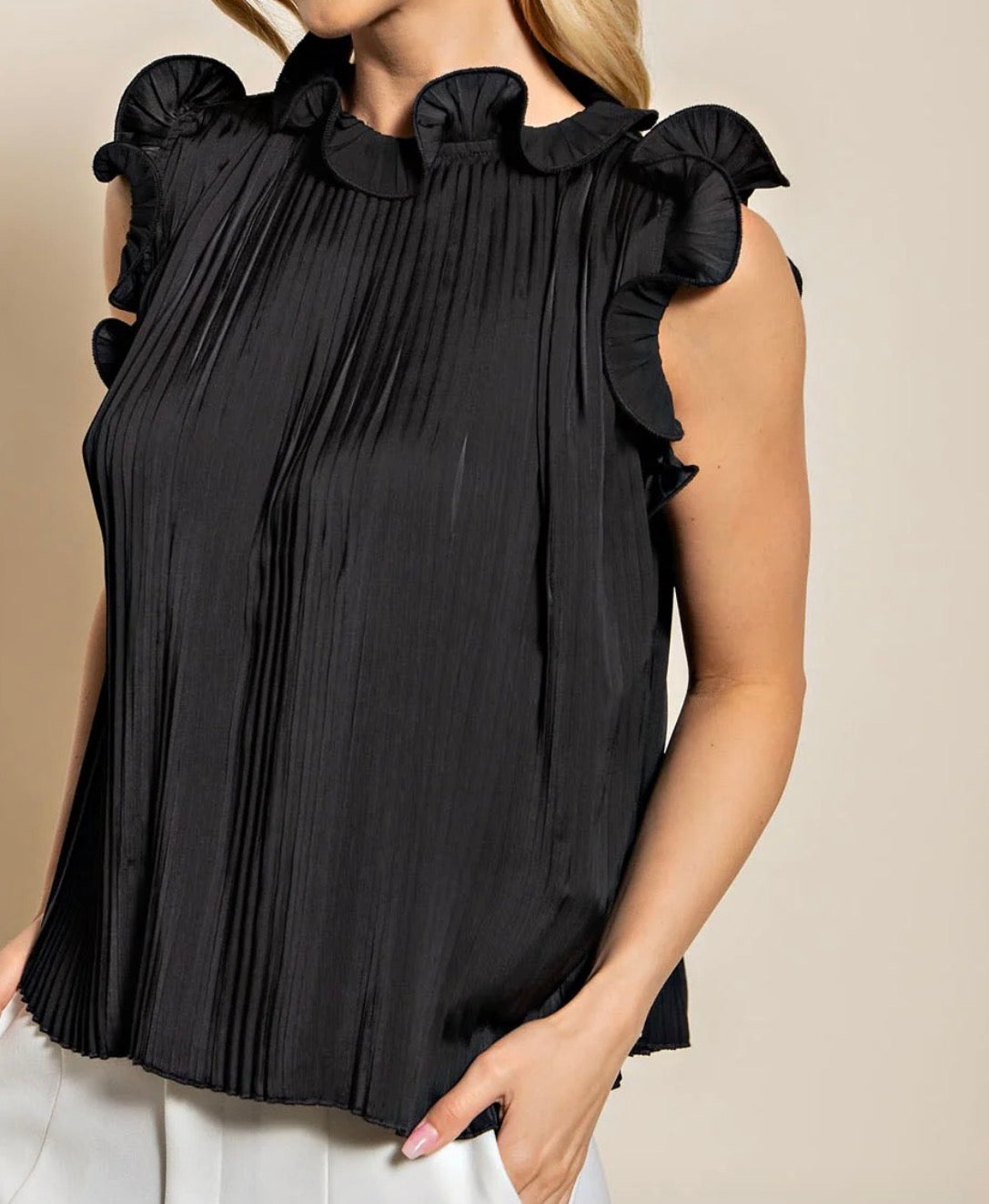 Black Pleated Ruffle-Sleeve Top.