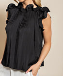 Black Pleated Ruffle-Sleeve Top.