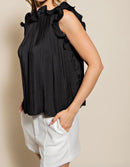 Black Pleated Ruffle-Sleeve Top.