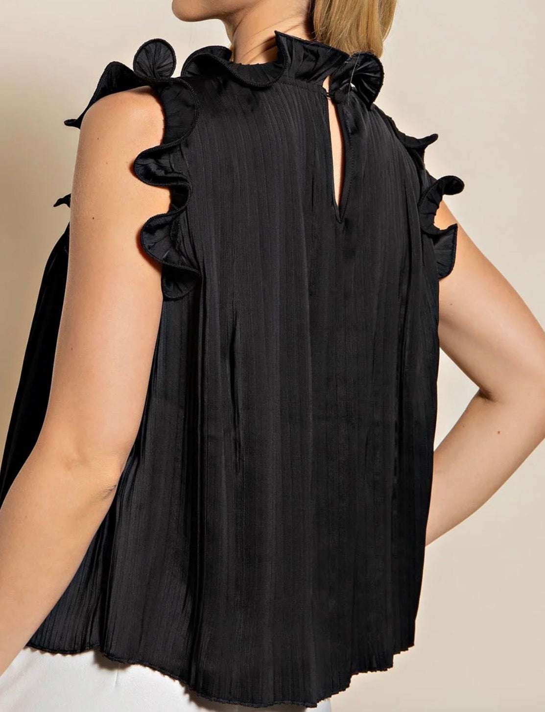 Black Pleated Ruffle-Sleeve Top.