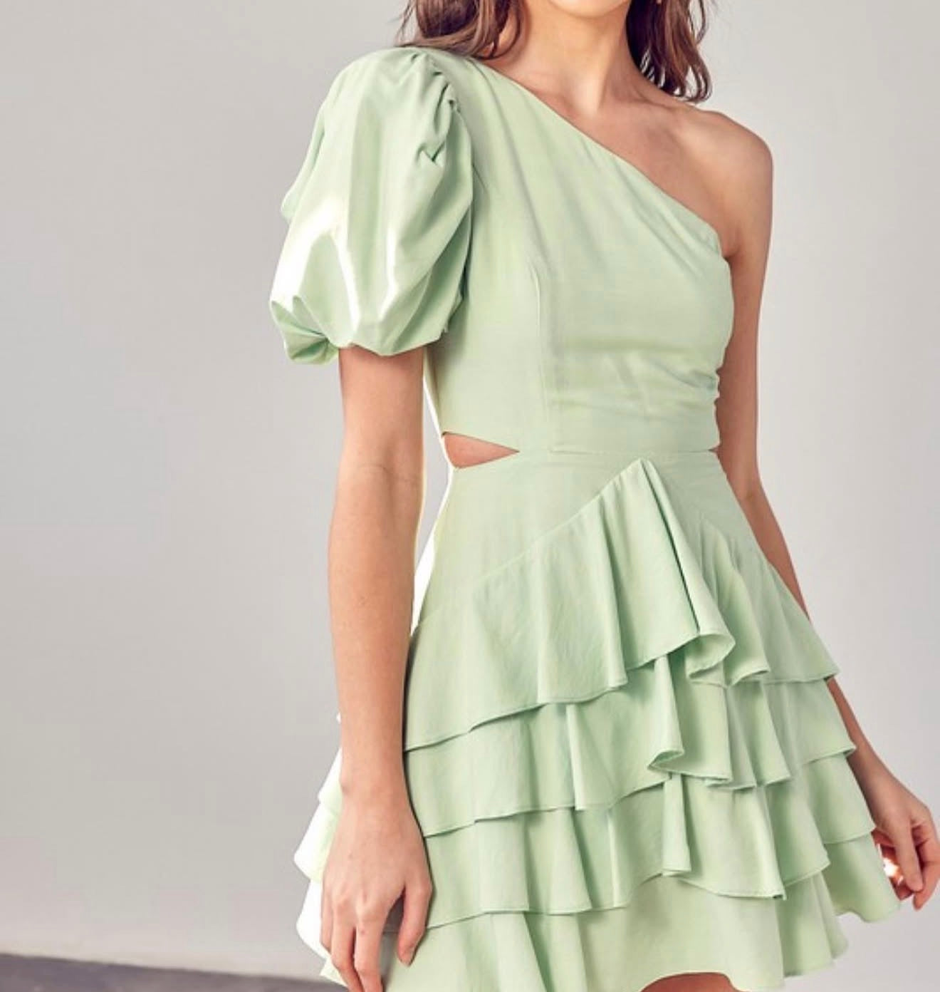One-Shoulder Green Layered Ruffle Dress.