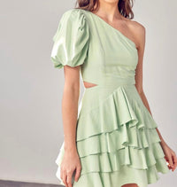 One-Shoulder Green Layered Ruffle Dress.