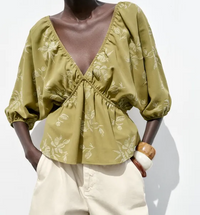 Puff-Sleeve Deep V Top.