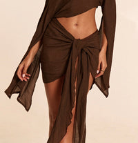 Brown Wrap Tie Beach Cover-Up Skirt.