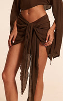 Brown Wrap Tie Beach Cover-Up Skirt.