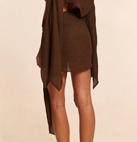 Brown Wrap Tie Beach Cover-Up Skirt.