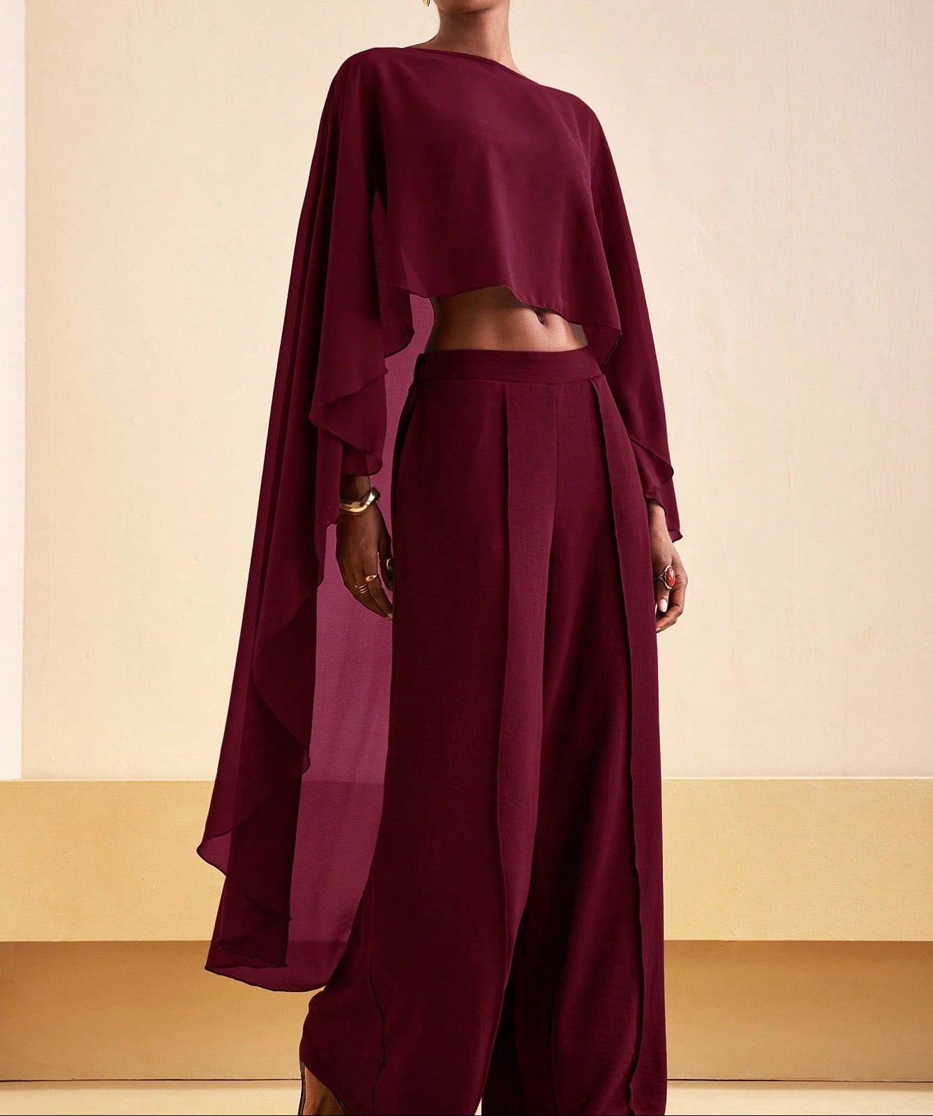 Burgundy Flow Cape Two-Piece Set.