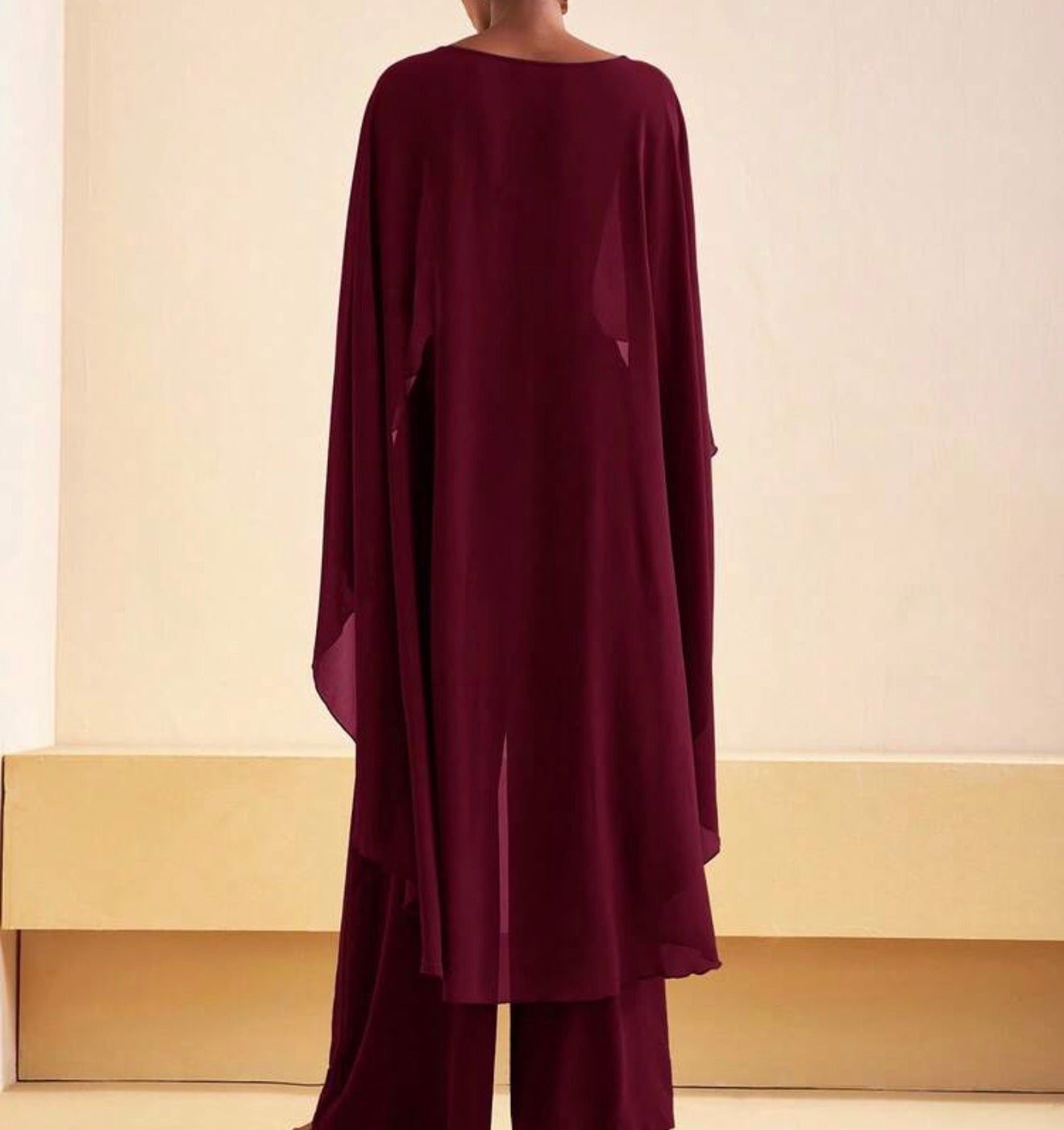 Burgundy Flow Cape Two-Piece Set.