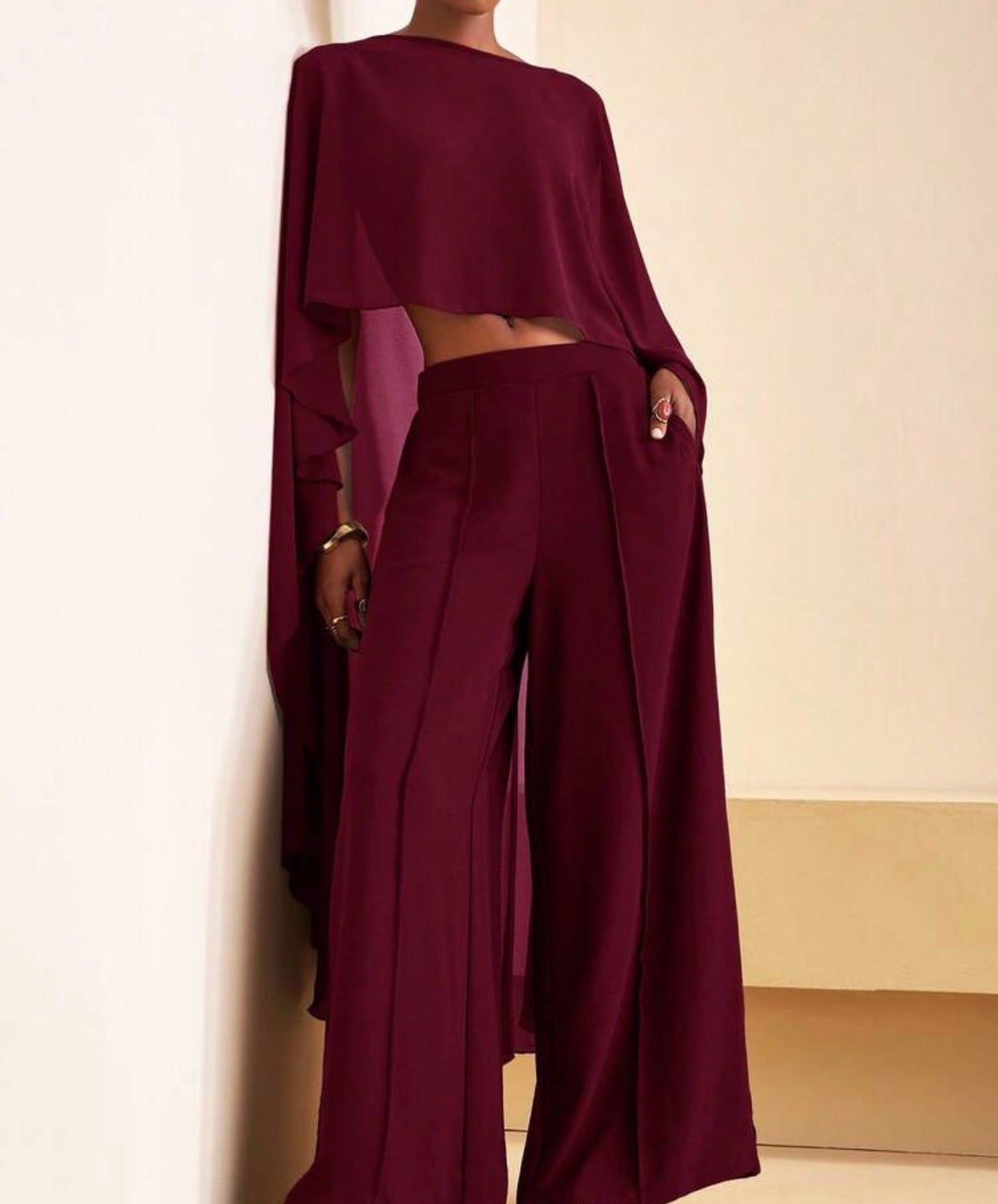 Burgundy Flow Cape Two-Piece Set.